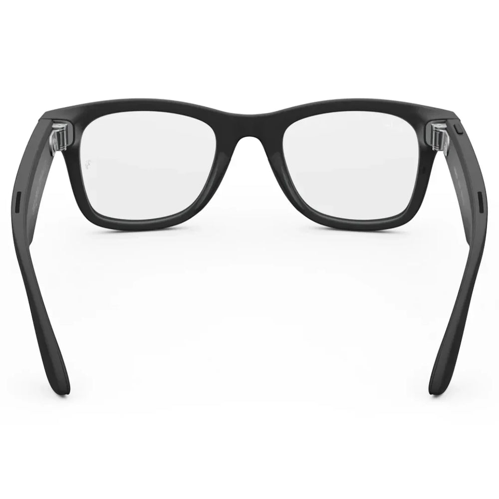 Gafas inteligentes Ray-Ban Meta Wayfarer (Gen 2) en negro, vista posterior, mostrando los altavoces en las patillas y el diseño del interior.