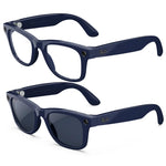 Dos pares de gafas Ray-Ban Meta Wayfarer (Gen 2) en azul cósmico. Un par con lentes transparentes y el otro con lentes de sol oscuras.