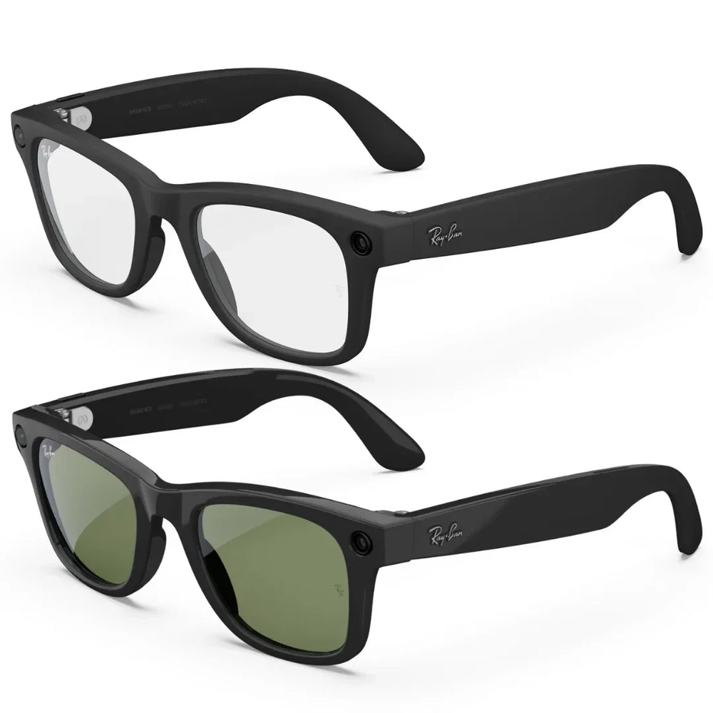 Dos pares de gafas Ray-Ban Meta Wayfarer (Gen 2) negras. Uno con lentes transparentes y el otro con lentes de sol verdes.