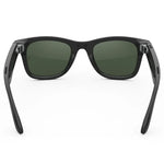 Gafas inteligentes Ray-Ban Meta Wayfarer (Gen 2) en negro brillante y lentes verdes, vista trasera, mostrando los altavoces integrados en las patillas.