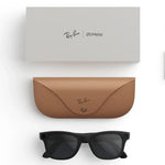 Contenido de la caja de las Ray-Ban Meta Wayfarer: gafas negras mate con lentes polarizadas, estuche de carga y caja de marca Meta y Ray-Ban.